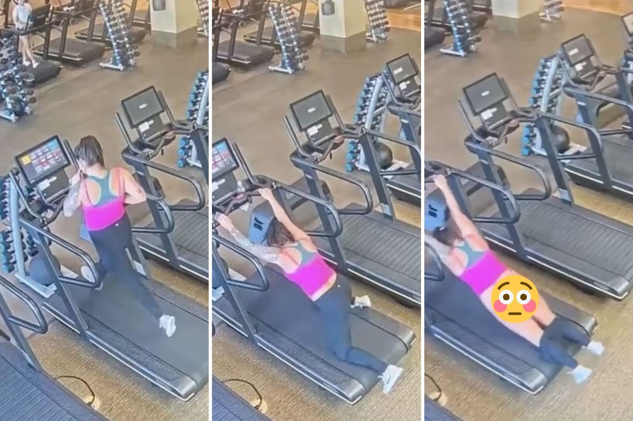 Mujer queda semidesnuda tras resbalar en caminadora del gym
